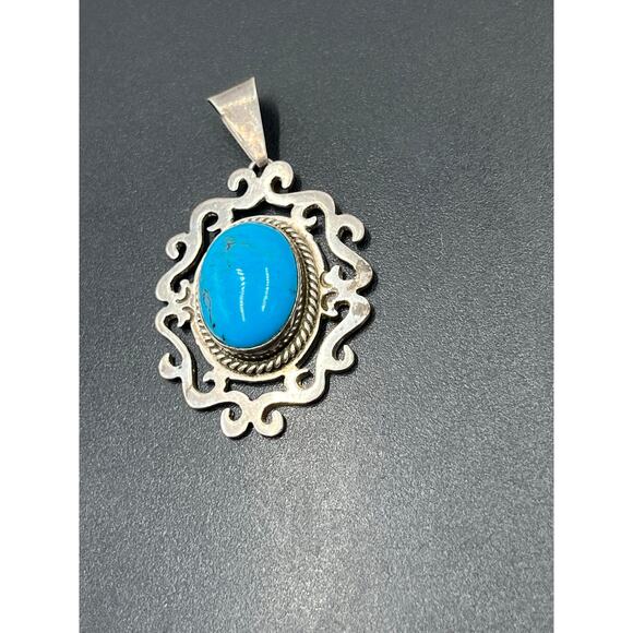 Signed Sterling Silver Blue Turquoise Scroll Filigree pendant TV-75 Mex 925 - Picture 3 of 8